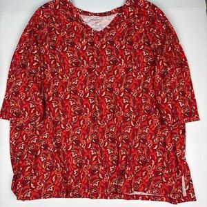 Woman Within Plus 4X 34 36 Shirt Red Paisley 3/4Sleeve Tunic Cotton V-Neck
